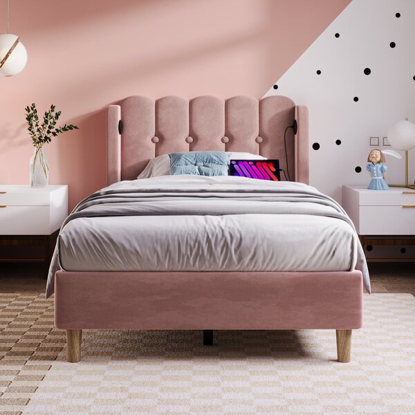 Upholstered Single Bed with USB and Type-C Charging Ports, Velvet Bed Frame with Wooden Slats for Teen Bedroom, 197L x 103W x 103H cm, Pink Aosom UK