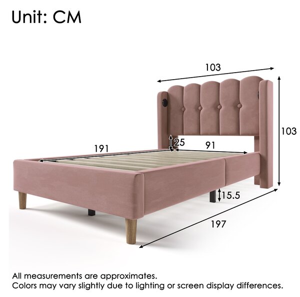 Upholstered Single Bed with USB and Type-C Charging Ports, Velvet Bed Frame with Wooden Slats for Teen Bedroom, 197L x 103W x 103H cm, Pink Aosom UK
