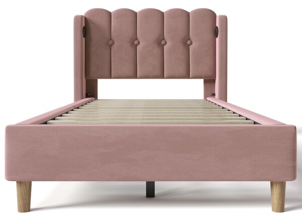 Upholstered Single Bed with USB and Type-C Charging Ports, Velvet Bed Frame with Wooden Slats for Teen Bedroom, 197L x 103W x 103H cm, Pink Aosom UK