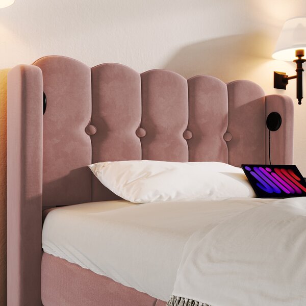 Upholstered Single Bed with USB and Type-C Charging Ports, Velvet Bed Frame with Wooden Slats for Teen Bedroom, 197L x 103W x 103H cm, Pink Aosom UK