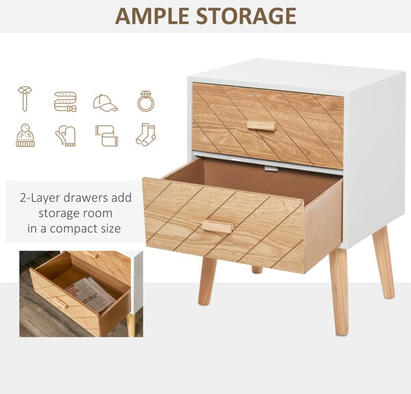 HOMCOM Nordic Style 2 Drawers Side Cabinet Wooden Bedside Table Storage Chest Scandinavian Home Furniture