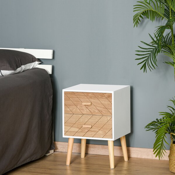 HOMCOM Nordic Style 2 Drawers Side Cabinet Wooden Bedside Table Storage Chest Scandinavian Home Furniture