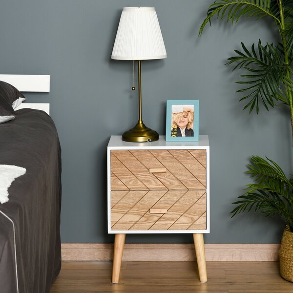 HOMCOM Nordic Style 2 Drawers Side Cabinet Wooden Bedside Table Storage Chest Scandinavian Home Furniture