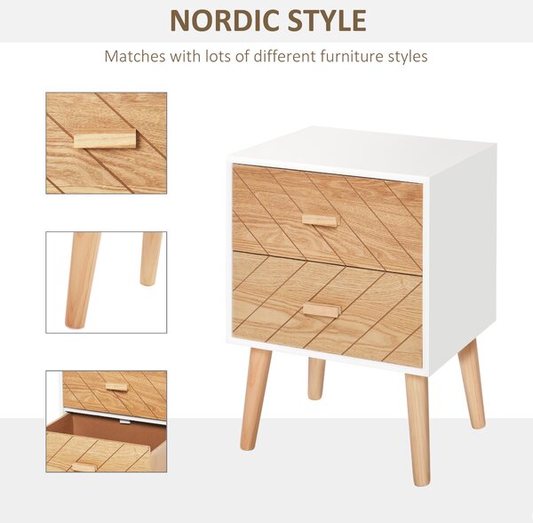 HOMCOM Nordic Style 2 Drawers Side Cabinet Wooden Bedside Table Storage Chest Scandinavian Home Furniture