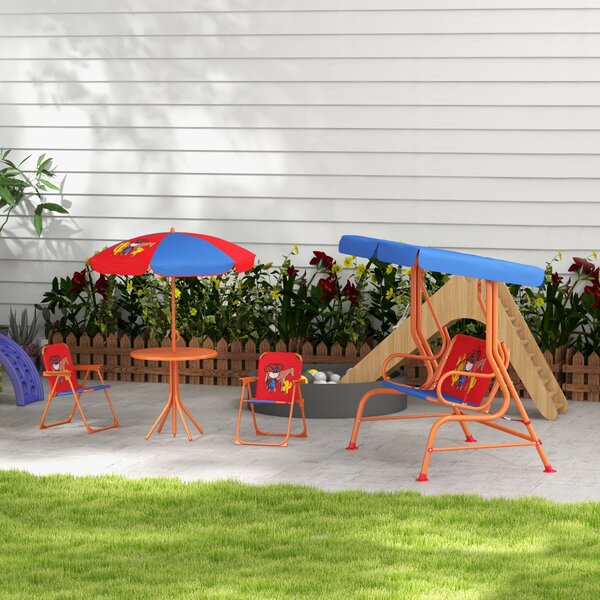 Outsunny 4 Piece Kids Garden Furniture Set with Adjustable Canopy, Cowboy Themed, Kids Garden Table and Chair Set and Double Seat