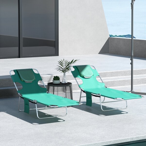 Outsunny Foldable Sun Lounger Set of 2 w/ Reading Hole, Portable Sun Lounger w/ 5 Level Adjustable Backrest, Reclining Lounge Chair w/ Side Aosom UK