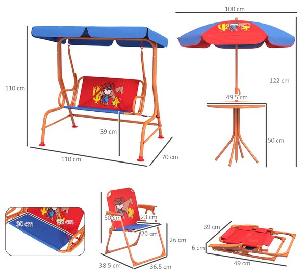 Outsunny 4 Piece Kids Garden Furniture Set with Adjustable Canopy, Cowboy Themed, Kids Garden Table and Chair Set and Double Seat