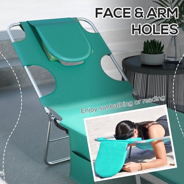 Outsunny Foldable Sun Lounger Set of 2 w/ Reading Hole, Portable Sun Lounger w/ 5 Level Adjustable Backrest, Reclining Lounge Chair w/ Side Aosom UK