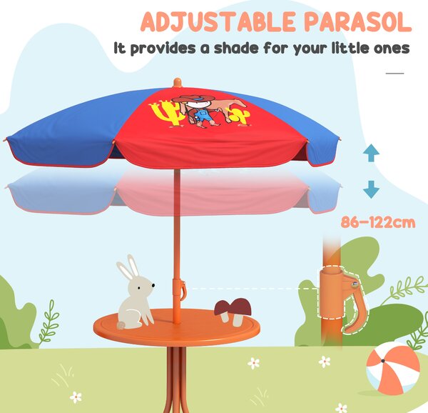 Outsunny 4 Piece Kids Garden Furniture Set with Adjustable Canopy, Cowboy Themed, Kids Garden Table and Chair Set and Double Seat