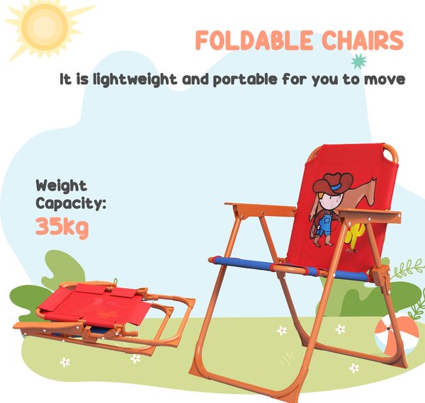 Outsunny 4 Piece Kids Garden Furniture Set with Adjustable Canopy, Cowboy Themed, Kids Garden Table and Chair Set and Double Seat