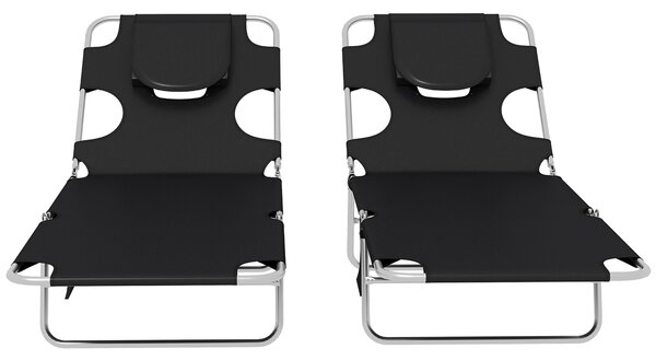 Outsunny Foldable Sun Lounger Set of 2, Beach Chaise Lounges w/ Reading Hole, Arm Slots, 5-Position Adjustable Backrest, Side Pocket Aosom UK