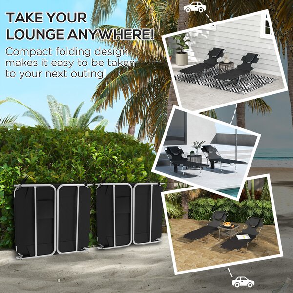 Outsunny Foldable Sun Lounger Set of 2, Beach Chaise Lounges w/ Reading Hole, Arm Slots, 5-Position Adjustable Backrest, Side Pocket Aosom UK