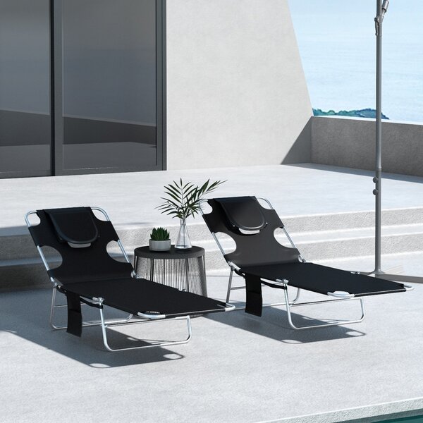 Outsunny Foldable Sun Lounger Set of 2, Beach Chaise Lounges w/ Reading Hole, Arm Slots, 5-Position Adjustable Backrest, Side Pocket Aosom UK