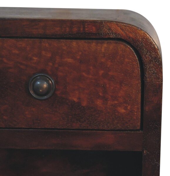 Solid Mango Wood Extra-Mini Curved Bedside Table with Open Shelf, Bedside Cabinet with Robust Steel Frame, 17L x 20W x 20H cm, Brown Aosom UK