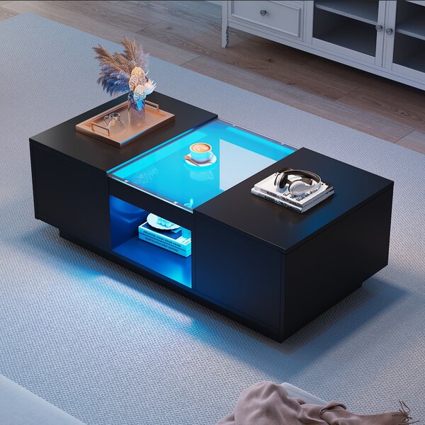 Modern 2-Tier Design Coffee Table with App-Controlled LED Lights and 2 Drawers, Cocktail Table with Storage, 100L x 50W x 35.5H cm, Black Aosom.UK