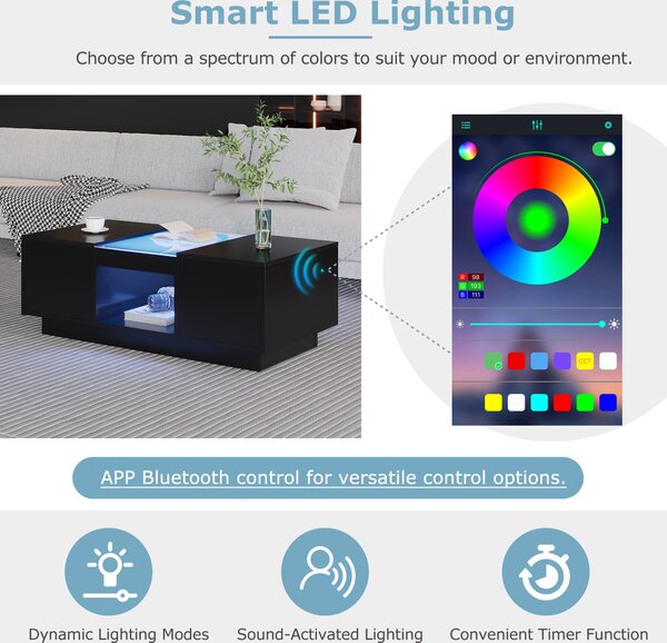 Modern 2-Tier Design Coffee Table with App-Controlled LED Lights and 2 Drawers, Cocktail Table with Storage, 100L x 50W x 35.5H cm, Black Aosom.UK