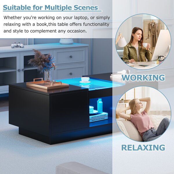 Modern 2-Tier Design Coffee Table with App-Controlled LED Lights and 2 Drawers, Cocktail Table with Storage, 100L x 50W x 35.5H cm, Black Aosom.UK