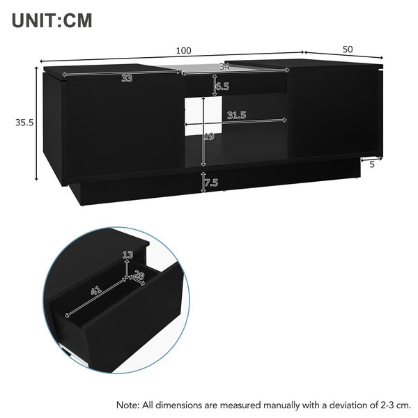 Modern 2-Tier Design Coffee Table with App-Controlled LED Lights and 2 Drawers, Cocktail Table with Storage, 100L x 50W x 35.5H cm, Black Aosom.UK