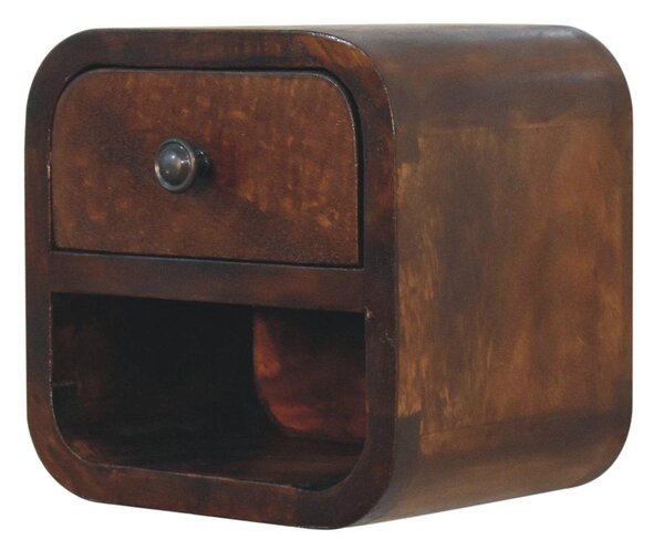 Solid Mango Wood Extra-Mini Curved Bedside Table with Open Shelf, Bedside Cabinet with Robust Steel Frame, 17L x 20W x 20H cm, Brown Aosom UK