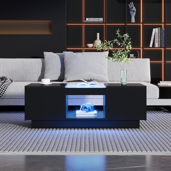 Modern 2-Tier Design Coffee Table with App-Controlled LED Lights and 2 Drawers, Cocktail Table with Storage, 100L x 50W x 35.5H cm, Black Aosom.UK