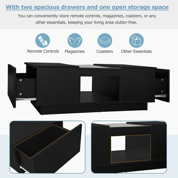 Modern 2-Tier Design Coffee Table with App-Controlled LED Lights and 2 Drawers, Cocktail Table with Storage, 100L x 50W x 35.5H cm, Black Aosom.UK