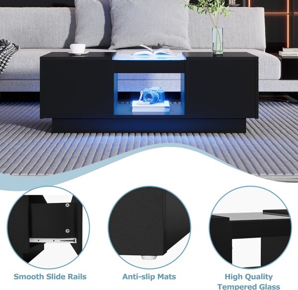 Modern 2-Tier Design Coffee Table with App-Controlled LED Lights and 2 Drawers, Cocktail Table with Storage, 100L x 50W x 35.5H cm, Black Aosom.UK