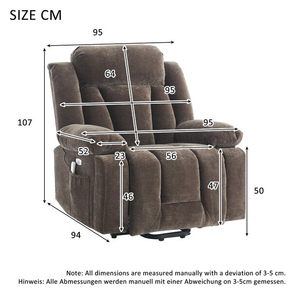 Electric Power Lift Recliner Armchair with Massage and Lumbar Heating, Sofa with Cup Holders & Side Pocket, 95L x 94W x 107H cm, Brown Aosom UK
