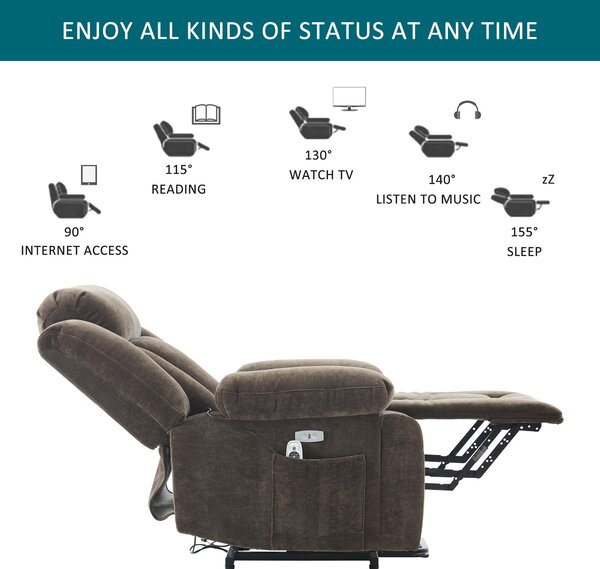 Electric Power Lift Recliner Armchair with Massage and Lumbar Heating, Sofa with Cup Holders & Side Pocket, 95L x 94W x 107H cm, Brown Aosom UK