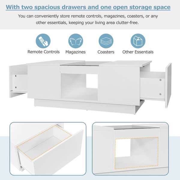 Modern Coffee Table with Storage and LED Lighting, Oblong Coffee Table with 2 Tiers, Drawers, and App Control, 100L x 50W x 35.5H cm, White Aosom.UK