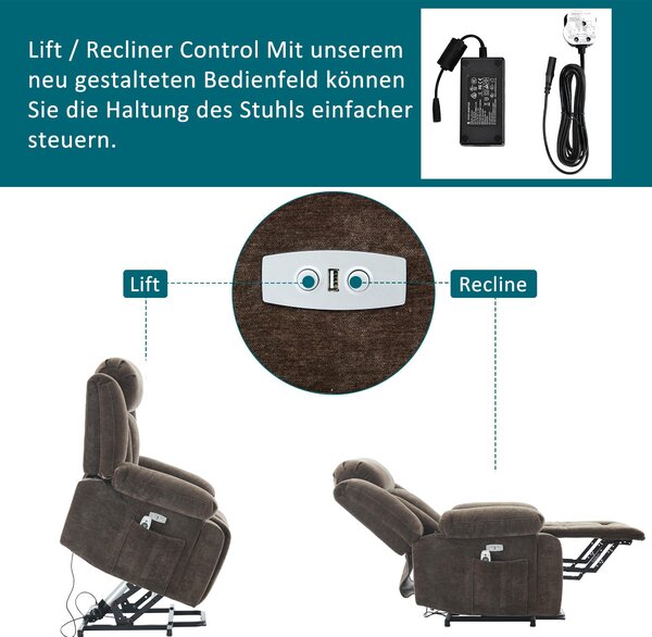 Electric Power Lift Recliner Armchair with Massage and Lumbar Heating, Sofa with Cup Holders & Side Pocket, 95L x 94W x 107H cm, Brown Aosom UK