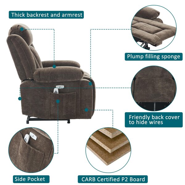 Electric Power Lift Recliner Armchair with Massage and Lumbar Heating, Sofa with Cup Holders & Side Pocket, 95L x 94W x 107H cm, Brown Aosom UK