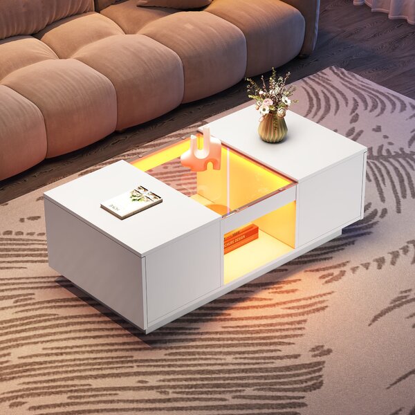 Modern Coffee Table with Storage and LED Lighting, Oblong Coffee Table with 2 Tiers, Drawers, and App Control, 100L x 50W x 35.5H cm, White Aosom.UK