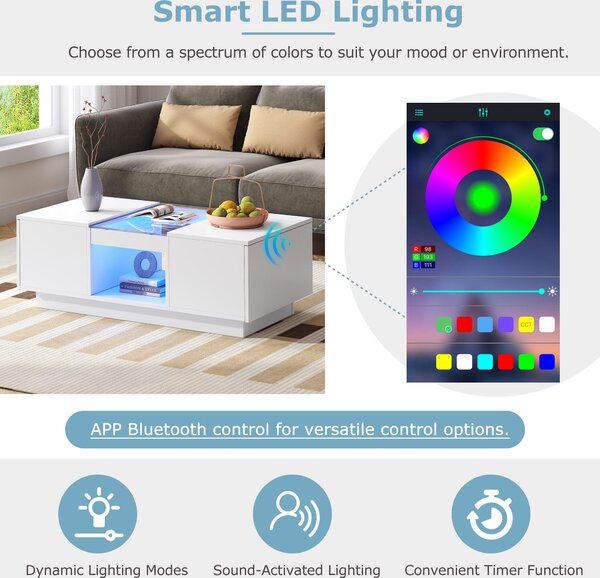 Modern Coffee Table with Storage and LED Lighting, Oblong Coffee Table with 2 Tiers, Drawers, and App Control, 100L x 50W x 35.5H cm, White Aosom.UK