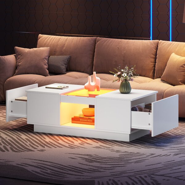 Modern Coffee Table with Storage and LED Lighting, Oblong Coffee Table with 2 Tiers, Drawers, and App Control, 100L x 50W x 35.5H cm, White Aosom.UK