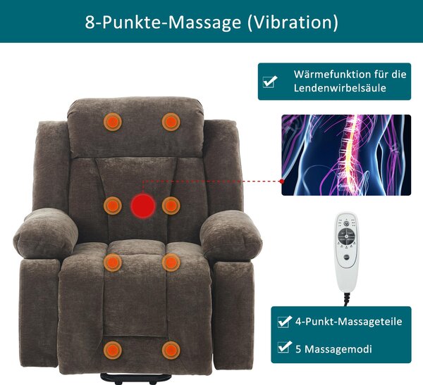 Electric Power Lift Recliner Armchair with Massage and Lumbar Heating, Sofa with Cup Holders & Side Pocket, 95L x 94W x 107H cm, Brown Aosom UK