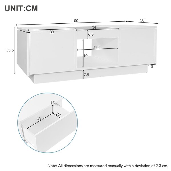 Modern Coffee Table with Storage and LED Lighting, Oblong Coffee Table with 2 Tiers, Drawers, and App Control, 100L x 50W x 35.5H cm, White Aosom.UK