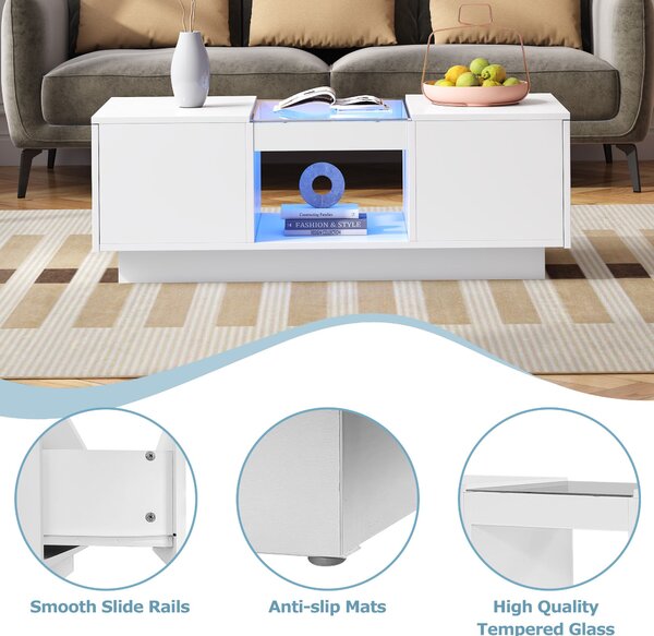 Modern Coffee Table with Storage and LED Lighting, Oblong Coffee Table with 2 Tiers, Drawers, and App Control, 100L x 50W x 35.5H cm, White Aosom.UK