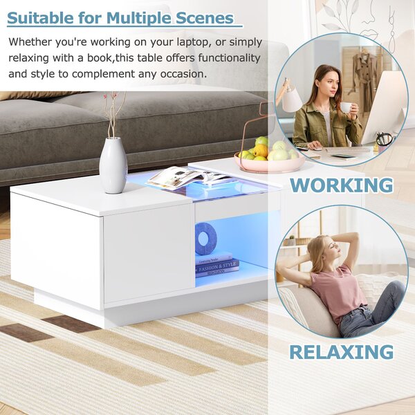 Modern Coffee Table with Storage and LED Lighting, Oblong Coffee Table with 2 Tiers, Drawers, and App Control, 100L x 50W x 35.5H cm, White Aosom.UK
