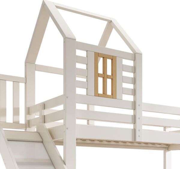 3-in-1 Cabin-style Bunk Bed with Slide and Storage Drawer, Solid Wood and MDF Frame, Durable Sleeper for Kids, 240L x 189W x 230H cm, White Aosom UK