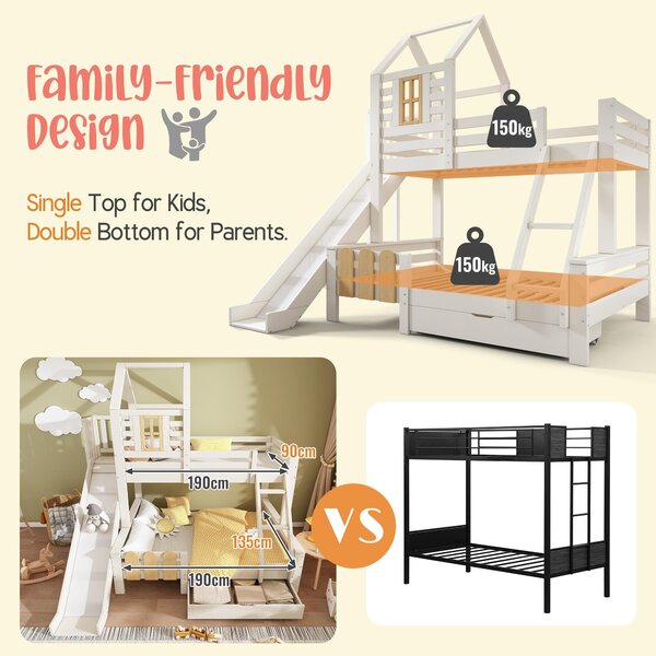 3-in-1 Cabin-style Bunk Bed with Slide and Storage Drawer, Solid Wood and MDF Frame, Durable Sleeper for Kids, 240L x 189W x 230H cm, White Aosom UK