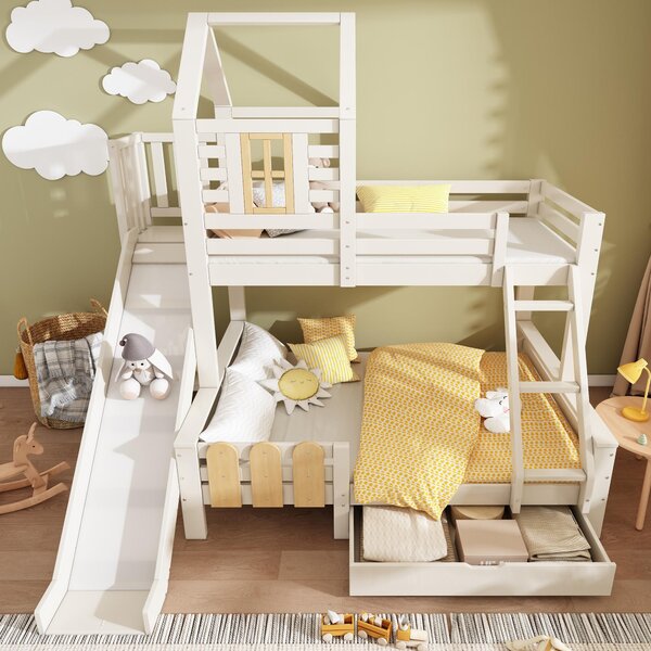 3-in-1 Cabin-style Bunk Bed with Slide and Storage Drawer, Solid Wood and MDF Frame, Durable Sleeper for Kids, 240L x 189W x 230H cm, White Aosom UK