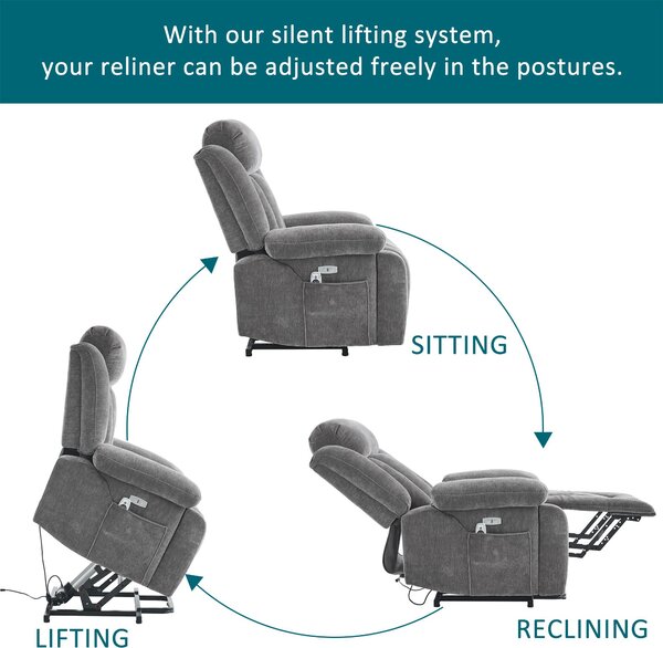 Electric Power Lift Recliner Chair with Heating, Built-in USB Charging Ports, Storage Pocket, Chic Massage Chair with Easy Assembly, Grey Aosom UK