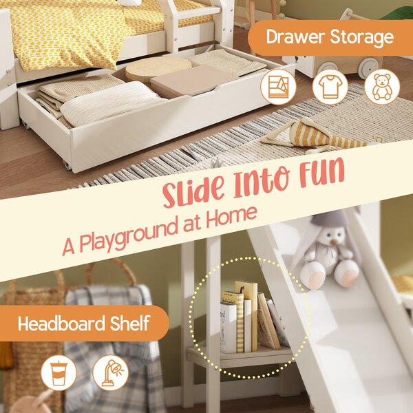 3-in-1 Cabin-style Bunk Bed with Slide and Storage Drawer, Solid Wood and MDF Frame, Durable Sleeper for Kids, 240L x 189W x 230H cm, White Aosom UK