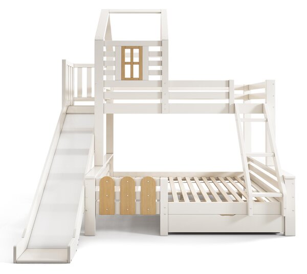 3-in-1 Cabin-style Bunk Bed with Slide and Storage Drawer, Solid Wood and MDF Frame, Durable Sleeper for Kids, 240L x 189W x 230H cm, White Aosom UK