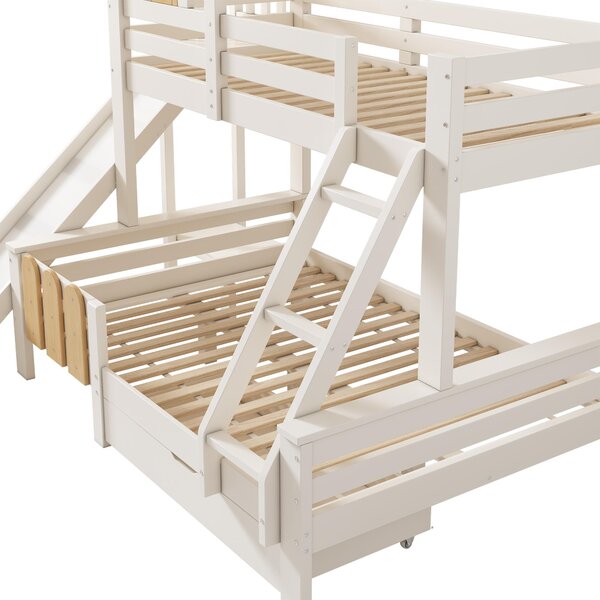 3-in-1 Cabin-style Bunk Bed with Slide and Storage Drawer, Solid Wood and MDF Frame, Durable Sleeper for Kids, 240L x 189W x 230H cm, White Aosom UK