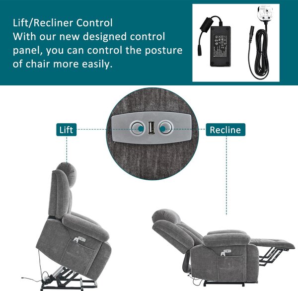 Electric Power Lift Recliner Chair with Heating, Built-in USB Charging Ports, Storage Pocket, Chic Massage Chair with Easy Assembly, Grey Aosom UK