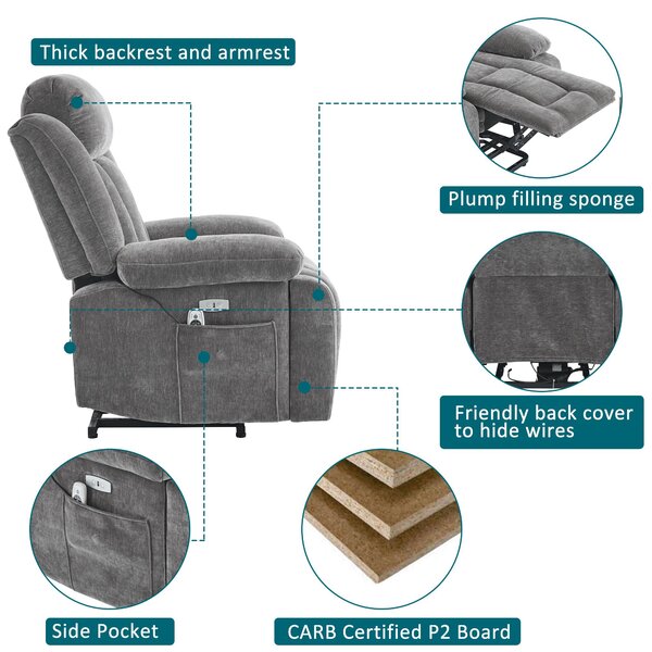Electric Power Lift Recliner Chair with Heating, Built-in USB Charging Ports, Storage Pocket, Chic Massage Chair with Easy Assembly, Grey Aosom UK