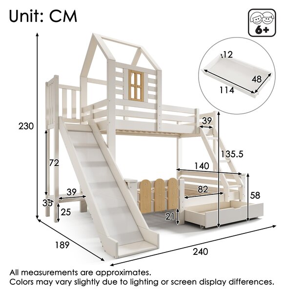 3-in-1 Cabin-style Bunk Bed with Slide and Storage Drawer, Solid Wood and MDF Frame, Durable Sleeper for Kids, 240L x 189W x 230H cm, White Aosom UK
