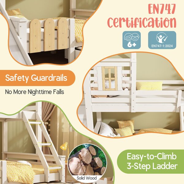 3-in-1 Cabin-style Bunk Bed with Slide and Storage Drawer, Solid Wood and MDF Frame, Durable Sleeper for Kids, 240L x 189W x 230H cm, White Aosom UK
