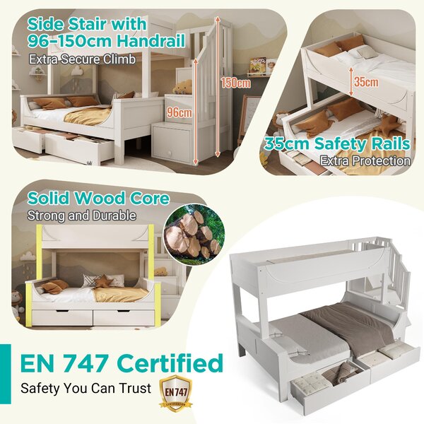 Children's Bunk Bed with Under-bed Pull-out Drawer, Ladder Cabinet Storage, Staircase Sleeper for Living Room, 246L x 141W x 150H cm, White Aosom UK
